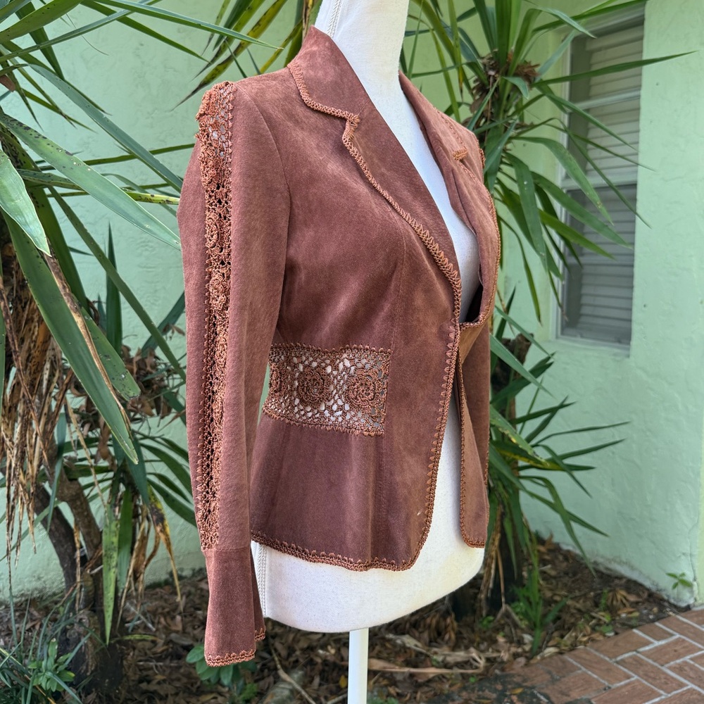 Brown Suede and Crochet Cache Jacket